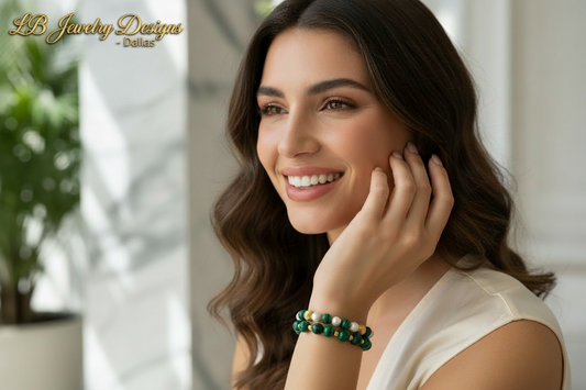 Malachite & Freshwater Pearl Bracelet Stack | Green Malachite Gold Beaded Bracelets