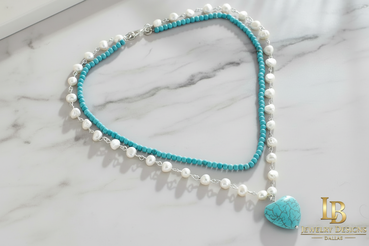 Turquoise Heart Pendant Baroque Pearl Double-Strand Necklace – Sterling Silver Turquoise Layered Necklace