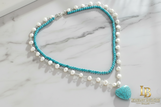 Turquoise Heart Pendant Baroque Pearl Double-Strand Necklace – Sterling Silver Turquoise Layered Necklace