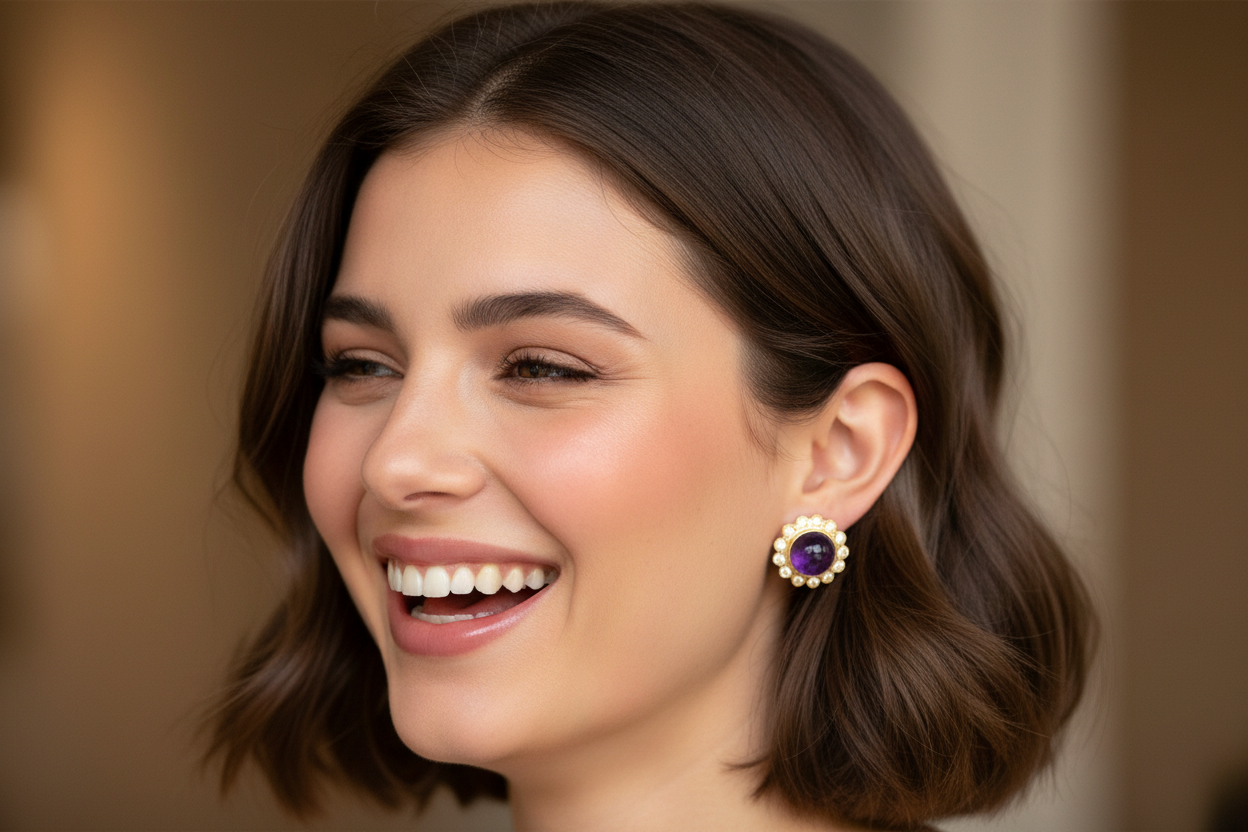 Purple Tanzanite Gemstone Gold Stud Earrings 1”