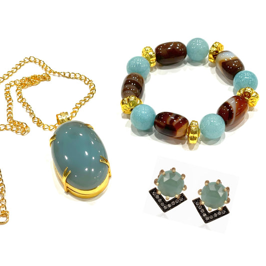 Harbor Blue Chalcedony Gold Chain Pendant Necklace, Gemstone Bracelet and Earrings Set