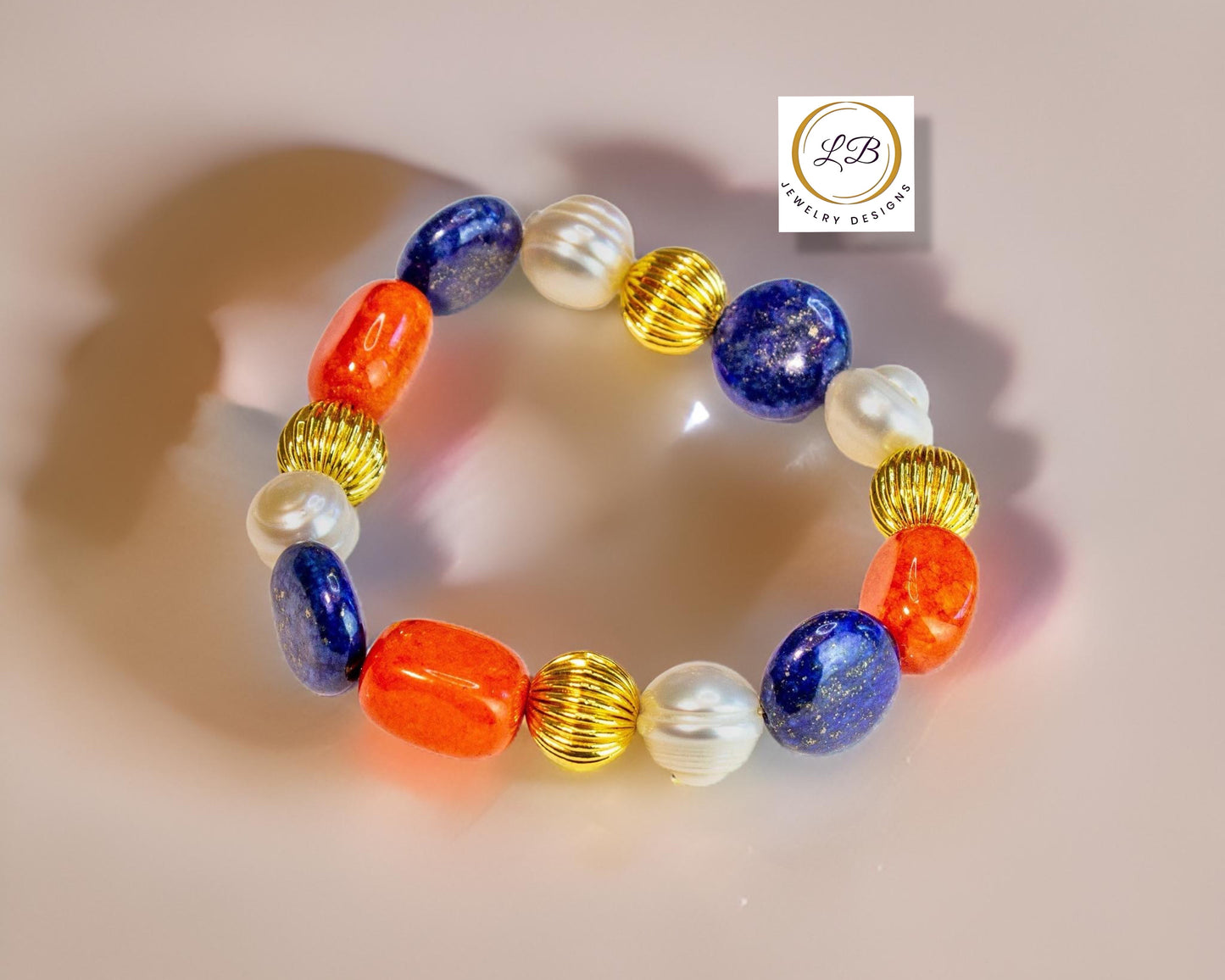 Lapis Lazuli, Carnelian & Baroque Pearl Gemstone Gold Beaded Bracelet