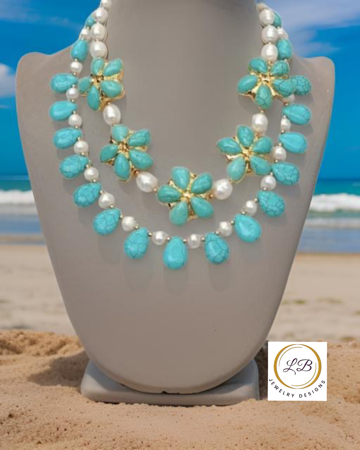 Double-Strand Turquoise & Pearl 22k Gold Statement Necklace