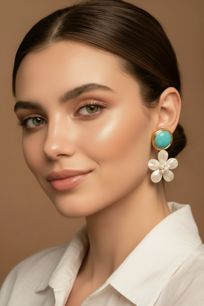 Capri Turquoise & Pearl Shell Flower Statement Earrings – 24k Gold Coastal Resort Earrings