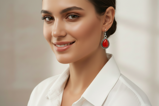 Red Coral Sterling Silver Dangle Earrings - Oval & Teardrop Gemstones