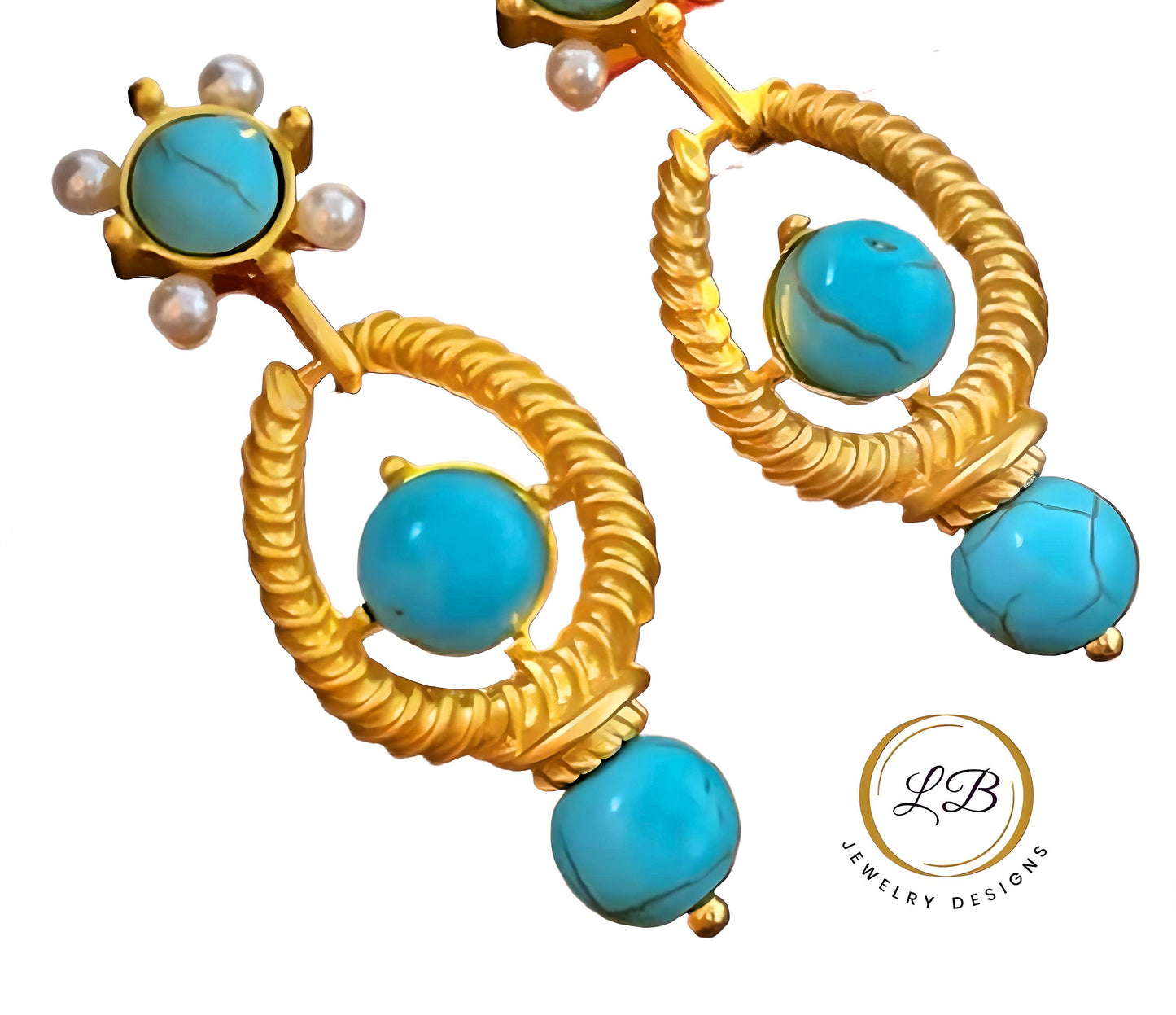 Turquoise and Pearl Gold Vermeil Dangle Earrings 1.75”