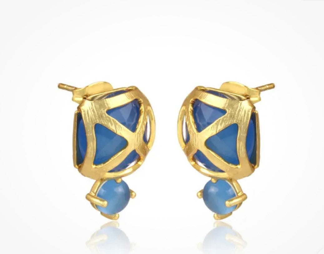 Criss Cross Blue Chalcedony Gemstone Gold Stud Earrings 1”