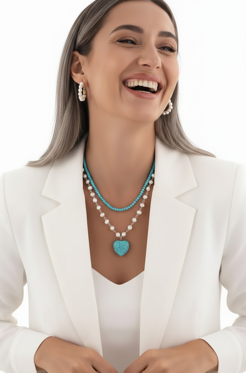 Turquoise Heart Pendant Baroque Pearl Double-Strand Necklace – Sterling Silver Turquoise Layered Necklace