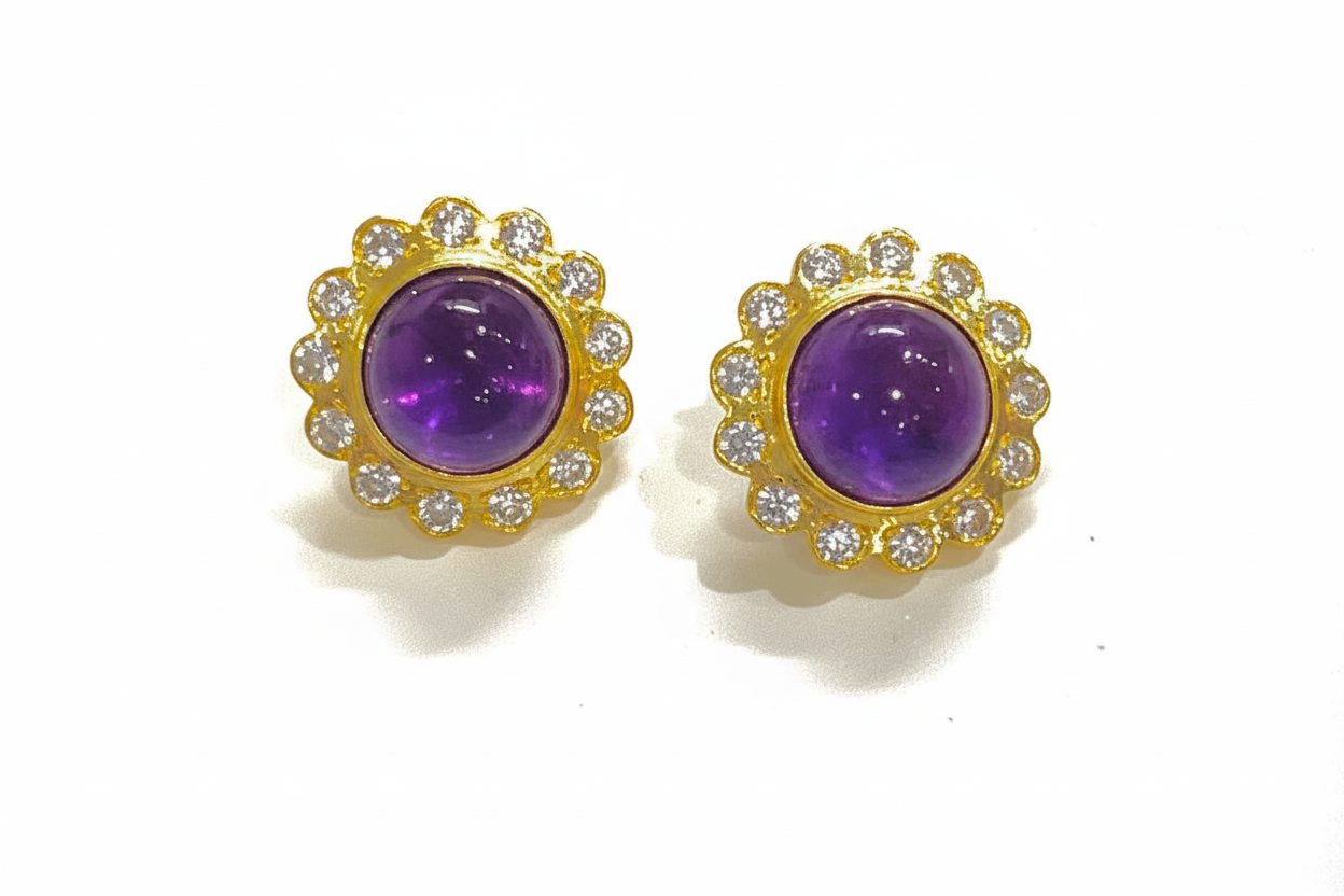 Purple Tanzanite Gemstone Gold Stud Earrings 1”