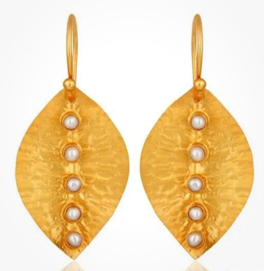 Petite Hammered 22k Gold Leaf Pearl Gemstone Earrings 1”