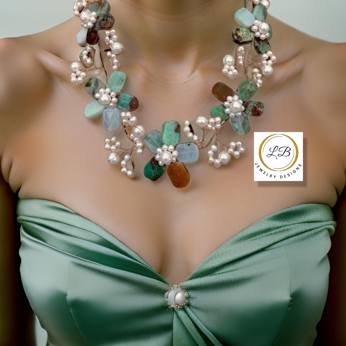 Rare Green Chrysoprase and Pearl Gemstone Flower Statement Necklace