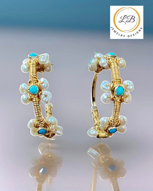 Turquoise & Freshwater Pearl Gemstone Statement Hoop Earrings