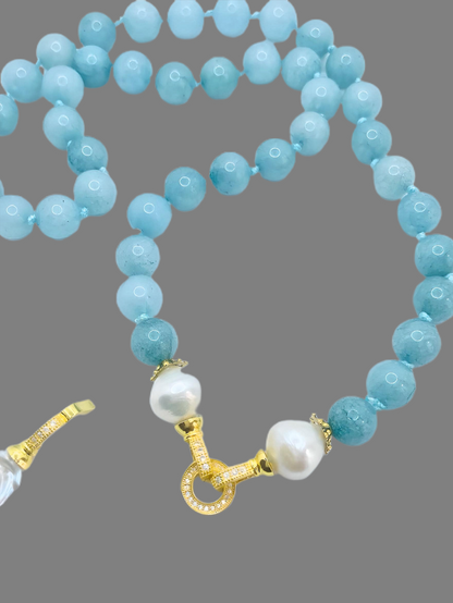 Detachable Keshi Pearl Drop & Blue Aquamarine Gemstone Double-Knotted Statement Necklace 18"