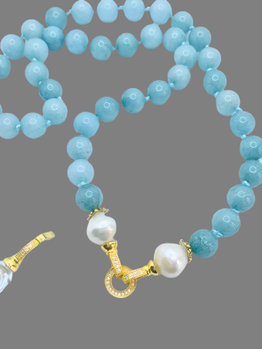 Detachable Keshi Pearl Drop & Blue Aquamarine Gemstone Double-Knotted Statement Necklace 18