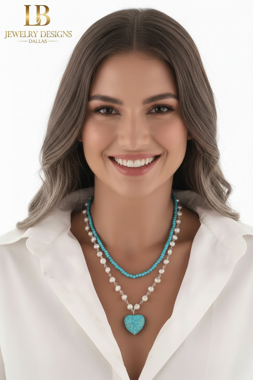 Turquoise Heart Pendant Baroque Pearl Double-Strand Necklace – Sterling Silver Turquoise Layered Necklace