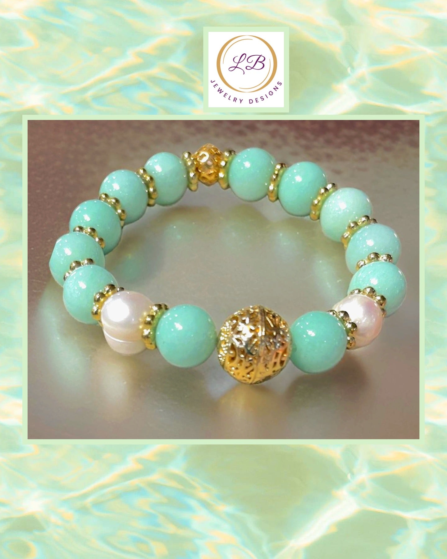 Green Aventurine & Freshwater Pearl Gemstone Beaded Bracelet