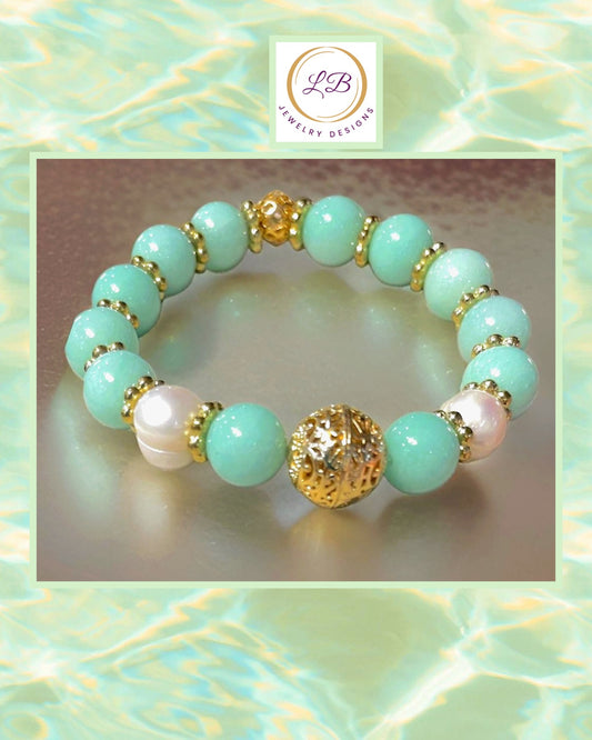 Green Aventurine & Freshwater Pearl Gemstones Gold Bracelet