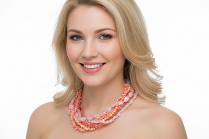 Resort-Style Coral, Pearl &  Quartz Six Strand Statement Necklace 18”