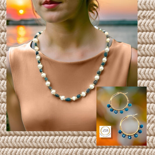 Blue Apatite & Pearl Gemstone Necklace & Hoop Earrings Set