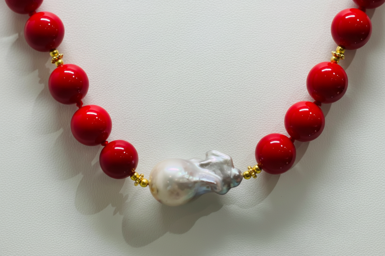 Red Coral &  Baroque Pearl Gemstone Statement Necklace 18"