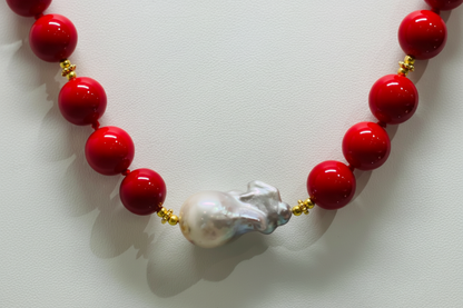 Red Coral &  Baroque Pearl Gemstone Statement Necklace 18"