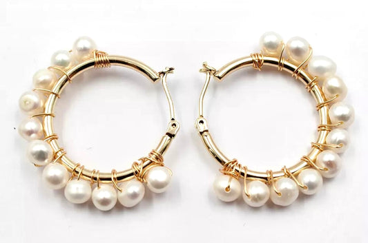 Medium-Size Gold Freshwater Pearl Hoop Earrings