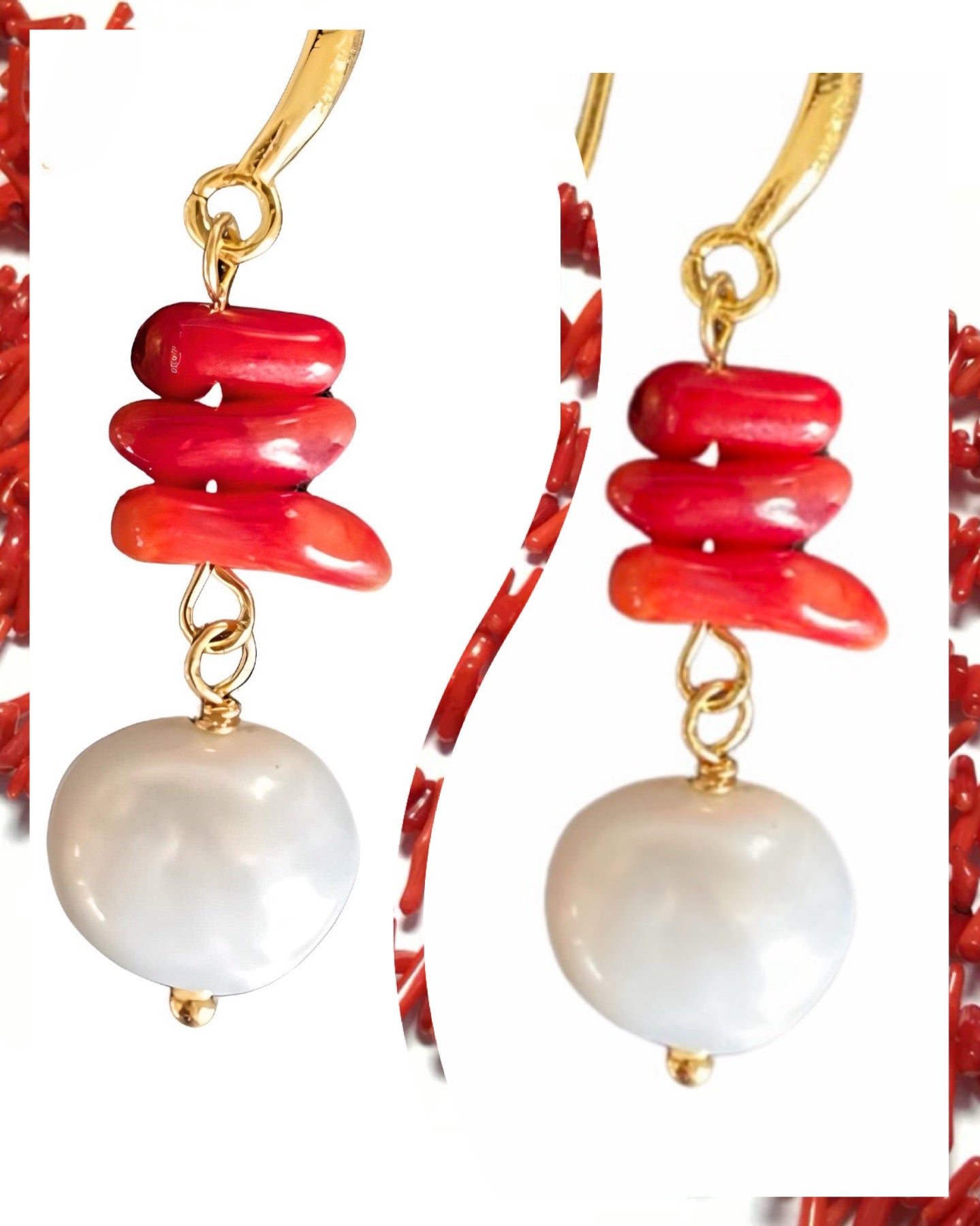 Irregular Sapling-Shaped Coral Baroque Pearl Drop Earrings