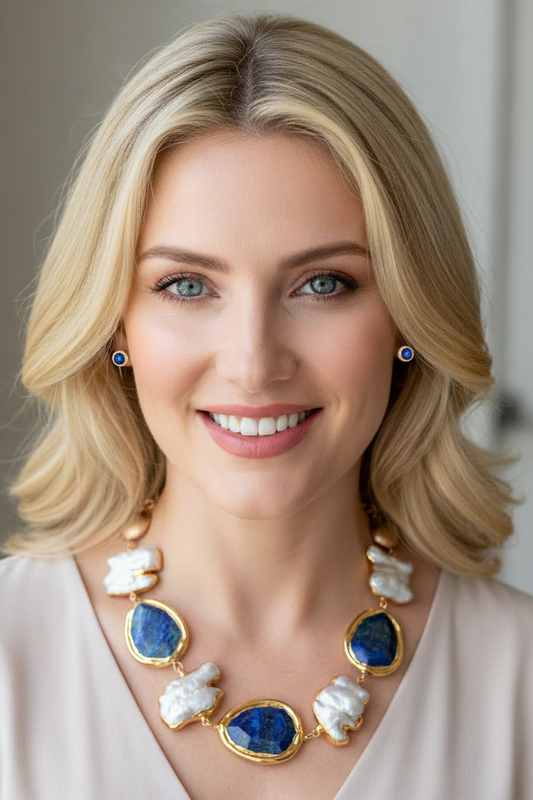 Lapis Lazuli & Keshi Pearl 22k Gold Vermeil Statement Necklace 21“