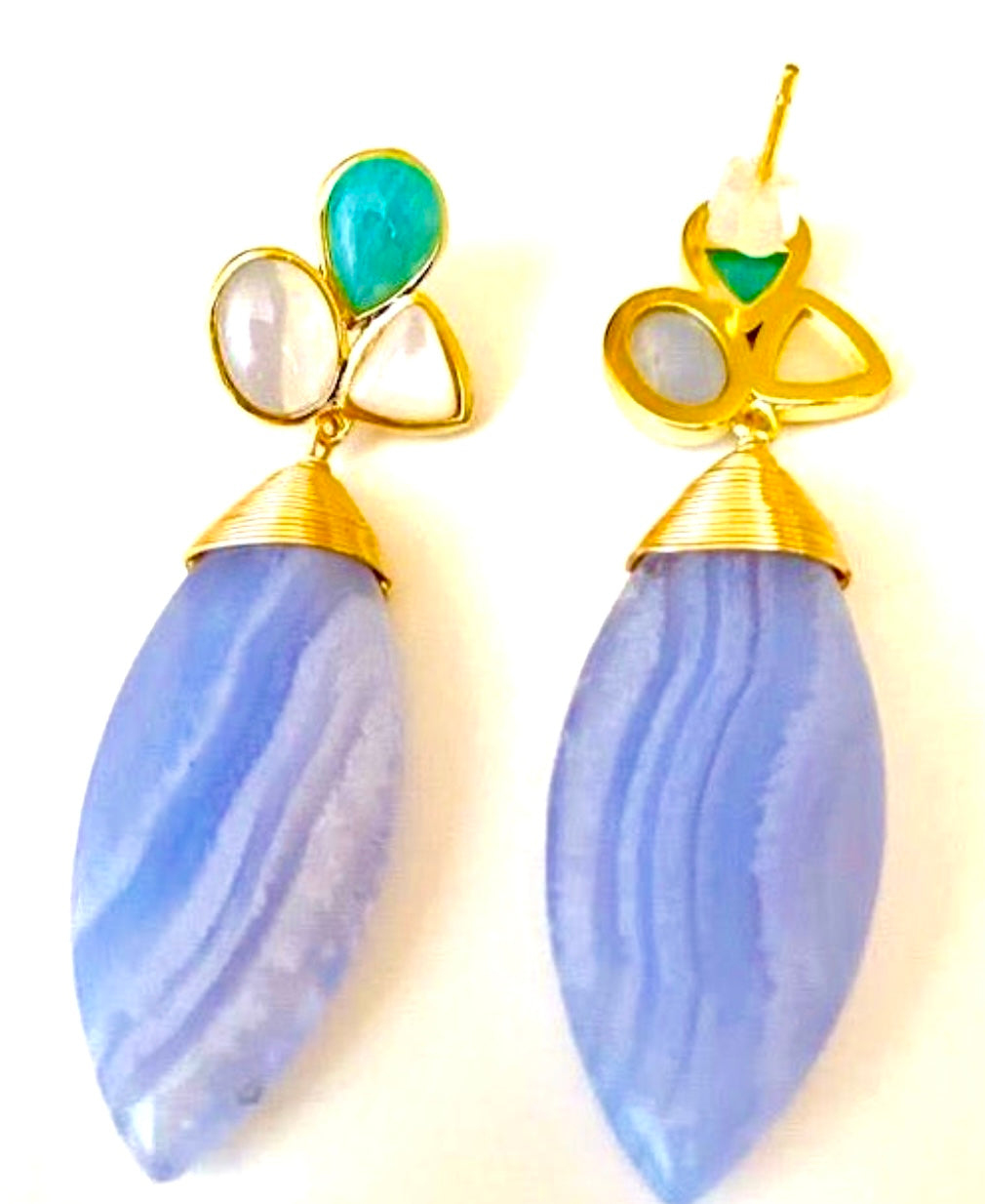 Blue Lace Multi-Gemstones Statement Earrings 2"