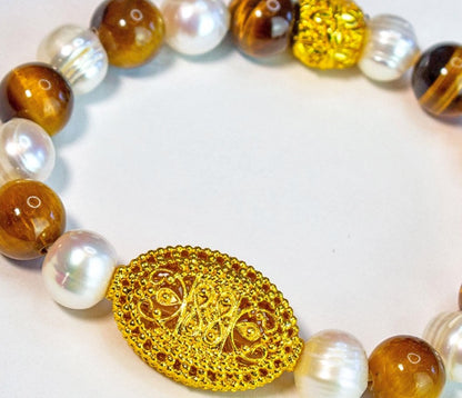 Brown Tiger's Eye and Pearl Gemstone Bracelet with 18k Gold Vermeil Filigree Bead