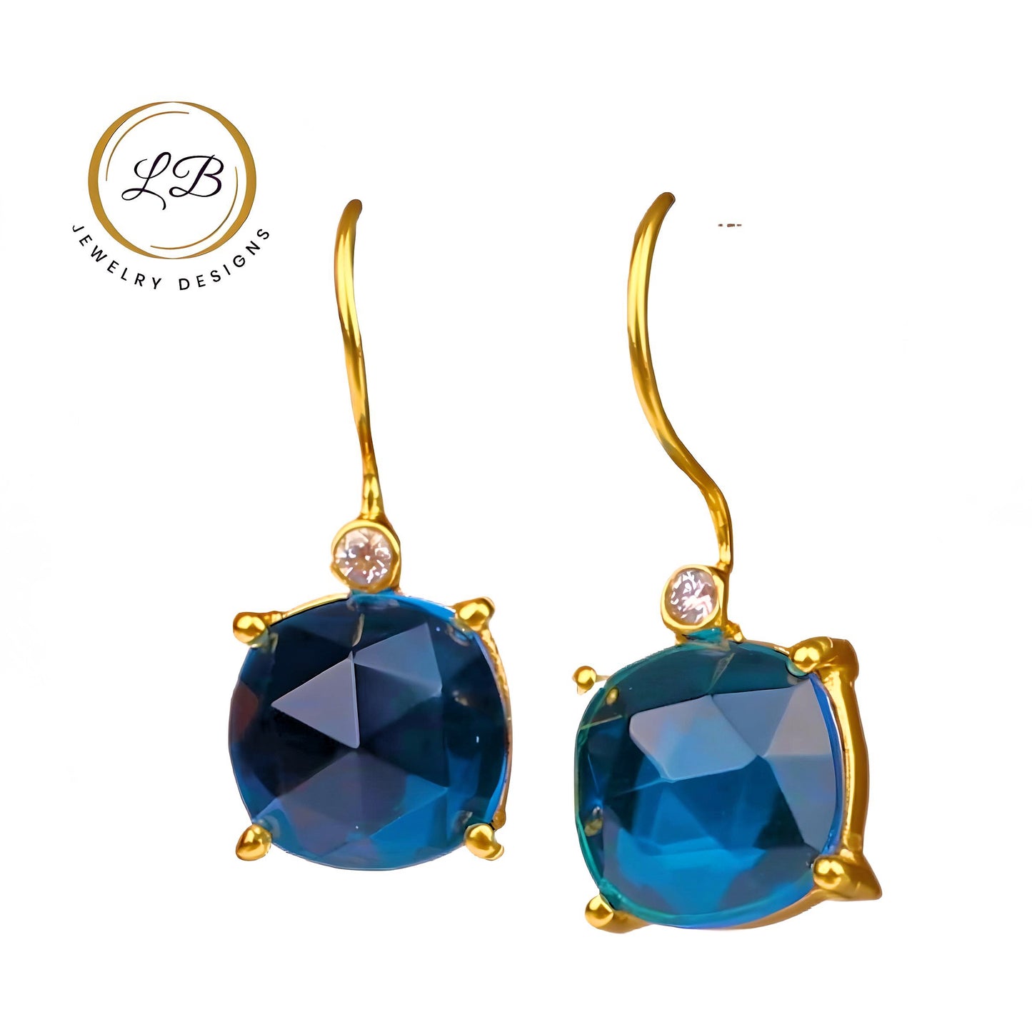 Swiss Blue Topaz Gold Dangle Earrings 1.5”