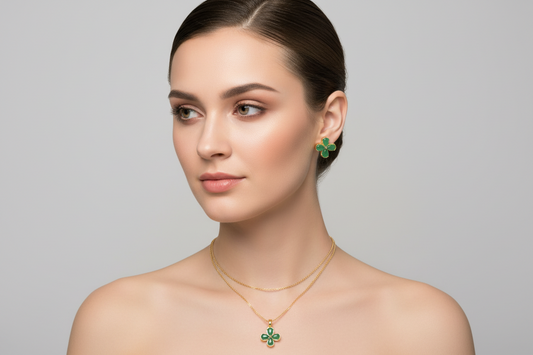 Green Jade Chain Necklace - Stud Earrings Set