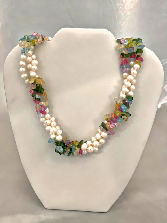 Colorful Tourmaline Gemstones and Freshwater Pearls Triple-Strand Statement Necklace 19"
