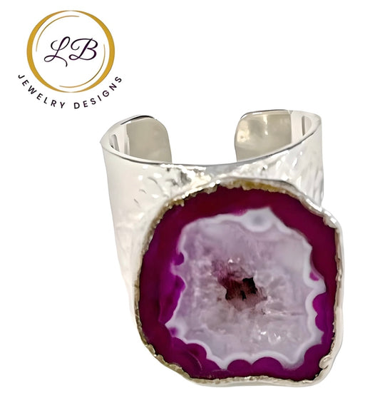 Purple Solar Geode Silver Adjustable Cigar Ring