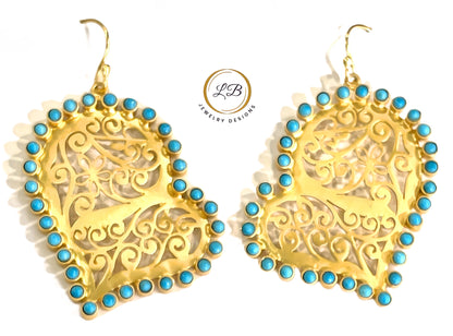 Turquoise 22k Gold Vermeil Filigree Heart-Shaped Statement Earrings