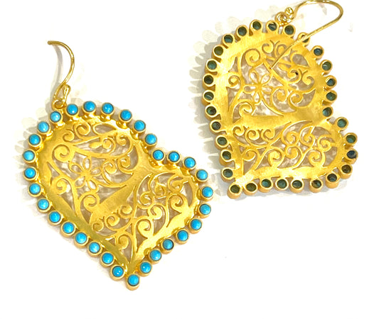 Turquoise Gemstones and 22k Gold Vermeil Filigree Heart-Shaped Dangle Earrings