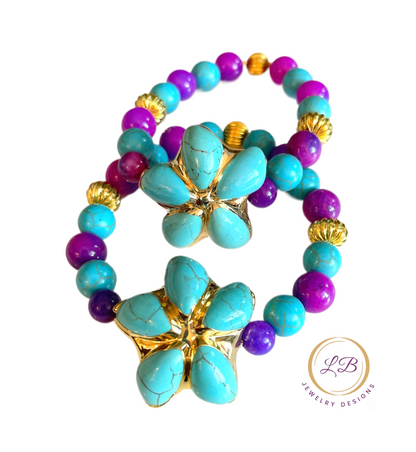 Sugilite & Sleeping Beauty Turquoise & Statement Bracelet - Purple & Turquoise Gemstone Bracelet