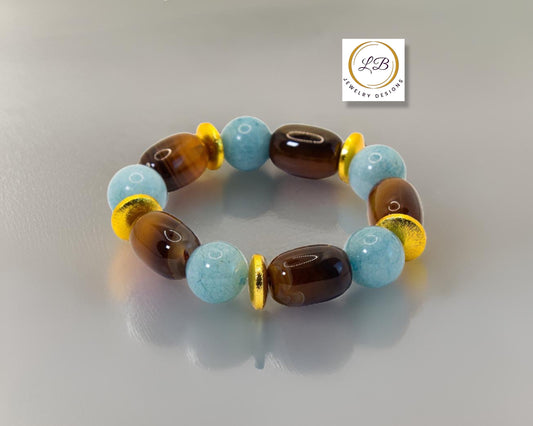 Botswana Agate & Aquamarine Gemstone Gold Statement Bracelet