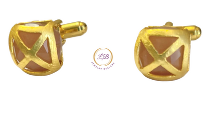 Criss Cross Orange Moonstone 22k Brusehed Gold Vermeil Cufflink Set w/Logo