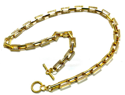 Elegant Gold Micro Pave Paperclip Chain Necklace 19.5”, 20.5”
