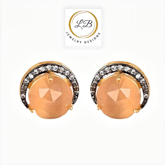 Crescent Moon Peach Moonstone Gold and Rhodium Stud Earrings