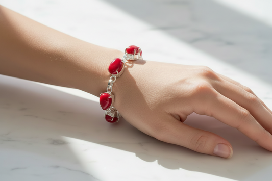 Capri Red Coral Teardrop Bracelet – Sterling Silver Statement Chain Bracelet