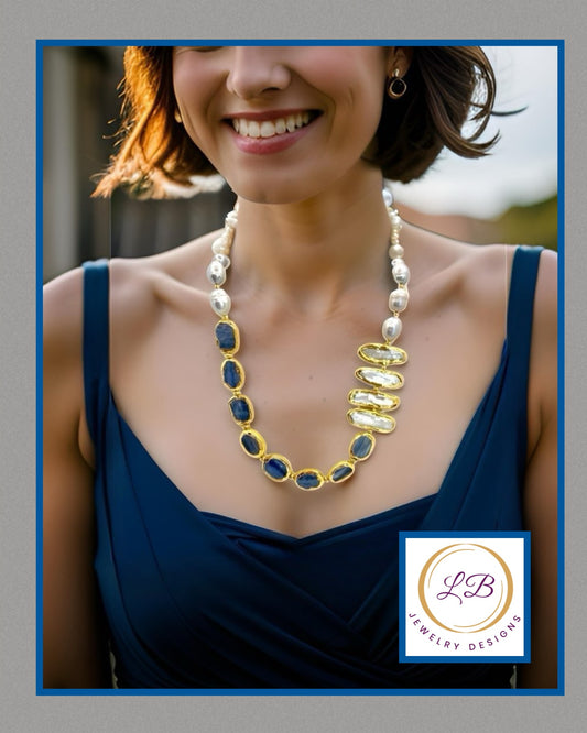Blue Kyanite & Pearls Gemstone Statement Necklace 23”