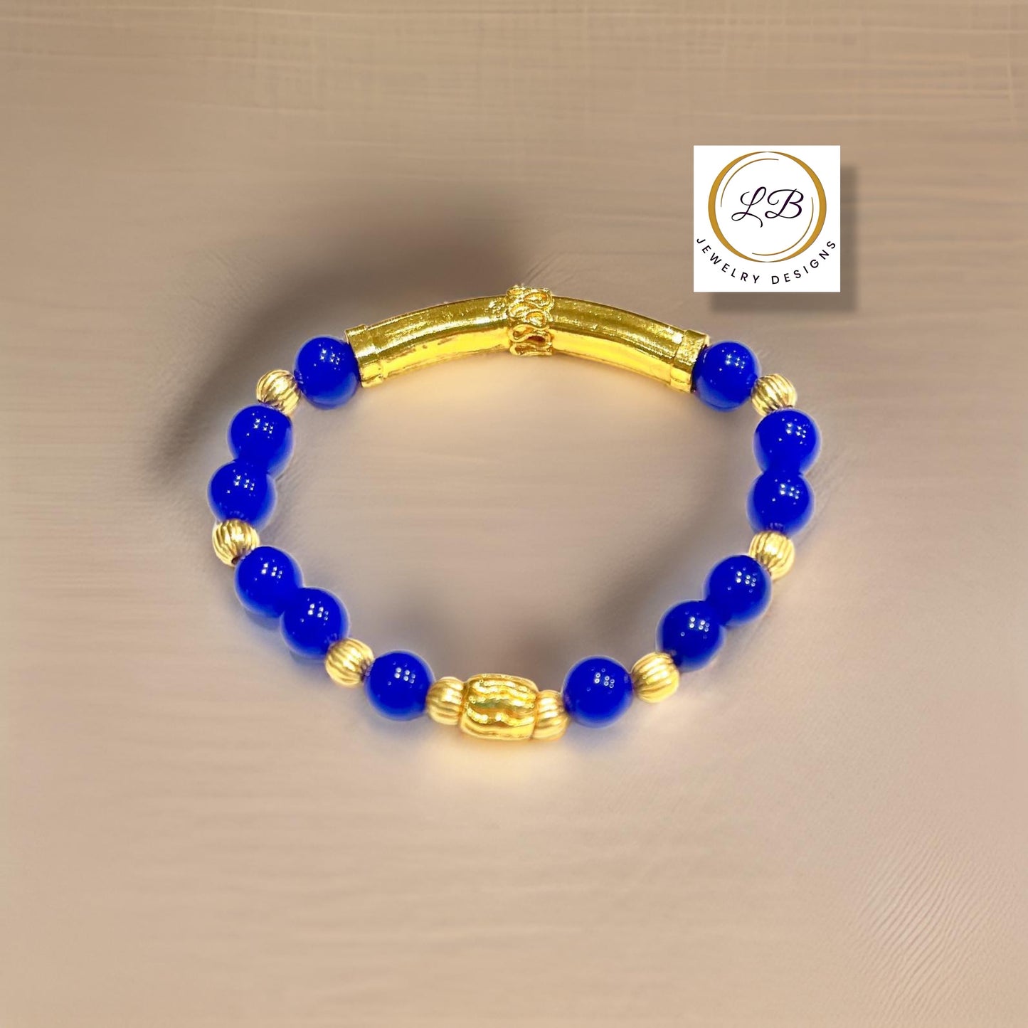 Blue Chalcedony Gemstone Gold Bali Tube Beaded Bracelet