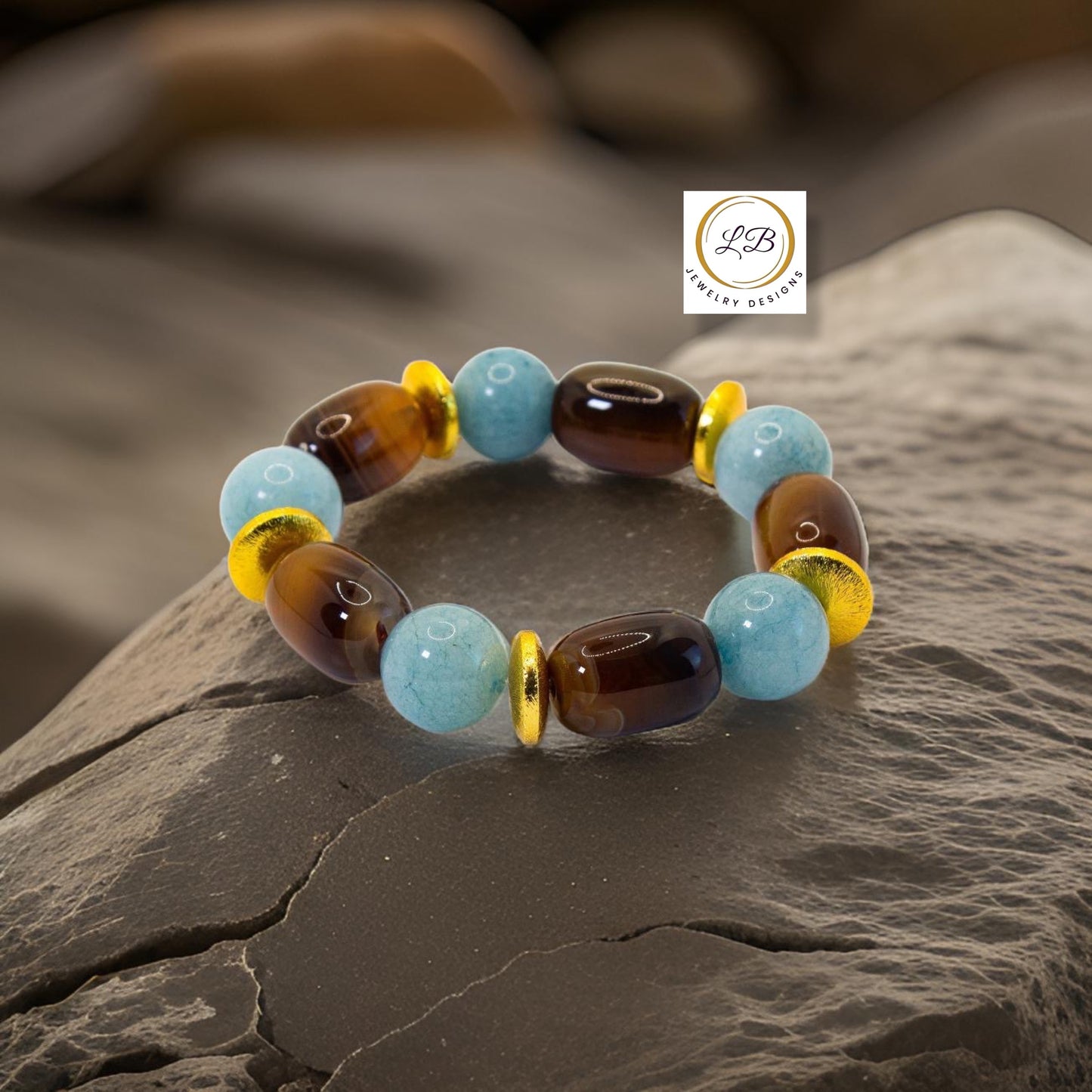 Botswana Agate & Aquamarine Gemstone Gold Statement Bracelet