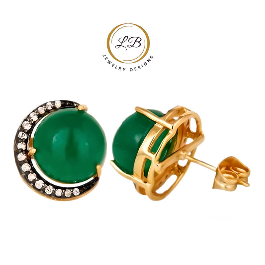 Crescent Moon Green Onyx Gold and Rhodium Stud Earrings