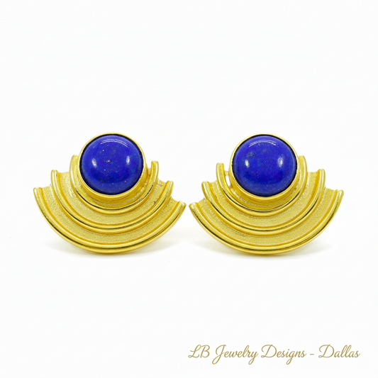 Art Deco Lapis Lazuli Gold Vermeil Statement Stud Earrings
