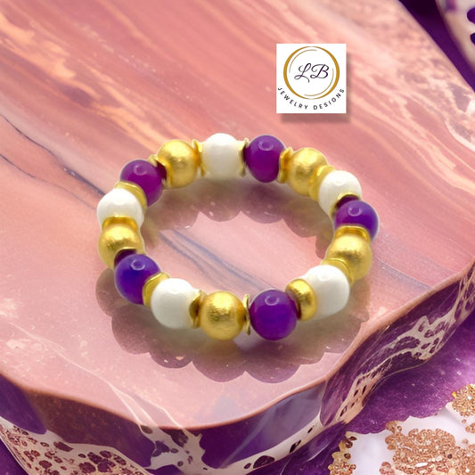Purple Sugilite & White Alabaster Gold Bracelet