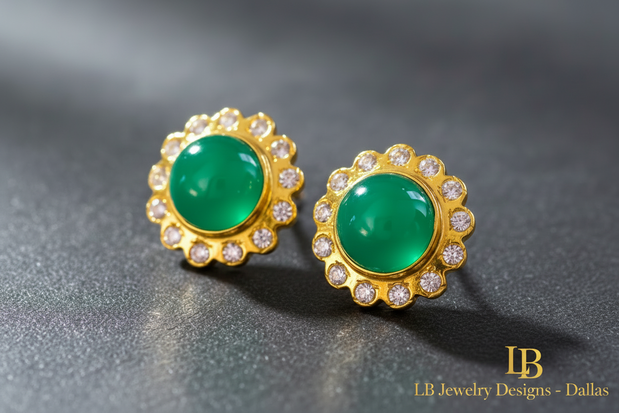 Green Onyx Halo Stud Earrings – 24k Gold Vermeil Floral CZ Gemstone Studs