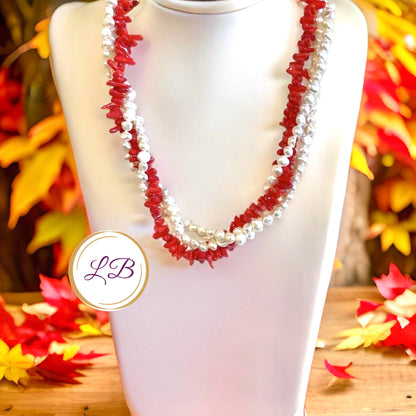 Red Coral & Pearl Gemstone Triple-Strand Statement Necklace 20“